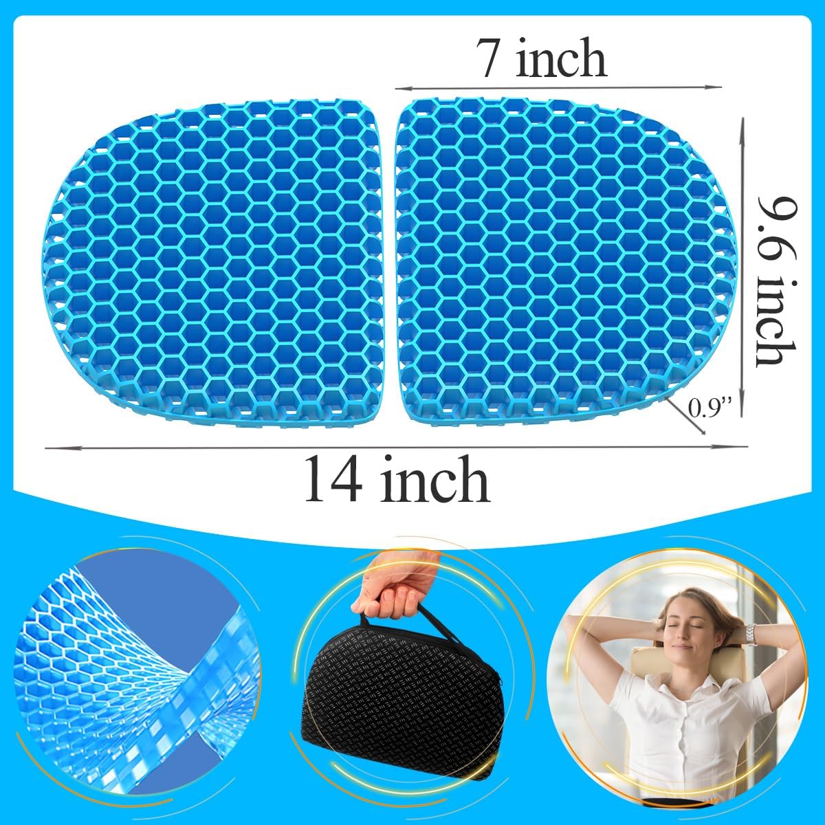 Foldable Airy Cooling Gel Seat Cushion | Portable Honeycomb Chair Pad for Travel, Office, Stadium & Car | Pressure Relief Seat Cushion | 0.9-Inch Thick Black