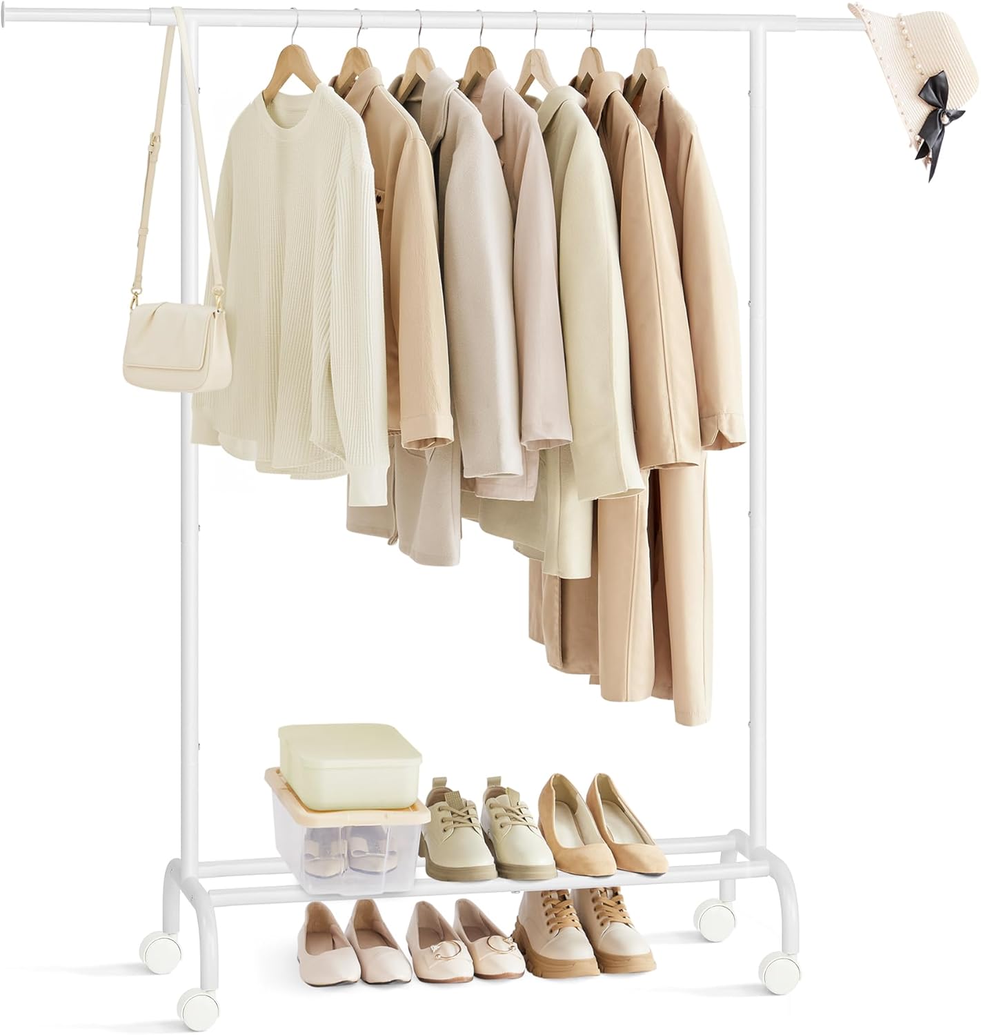 Heavy Duty Extendable Rolling Garment Rack with Wheels | Adjustable Metal Clothes Rack | Portable Clothing Organizer | Cloud White