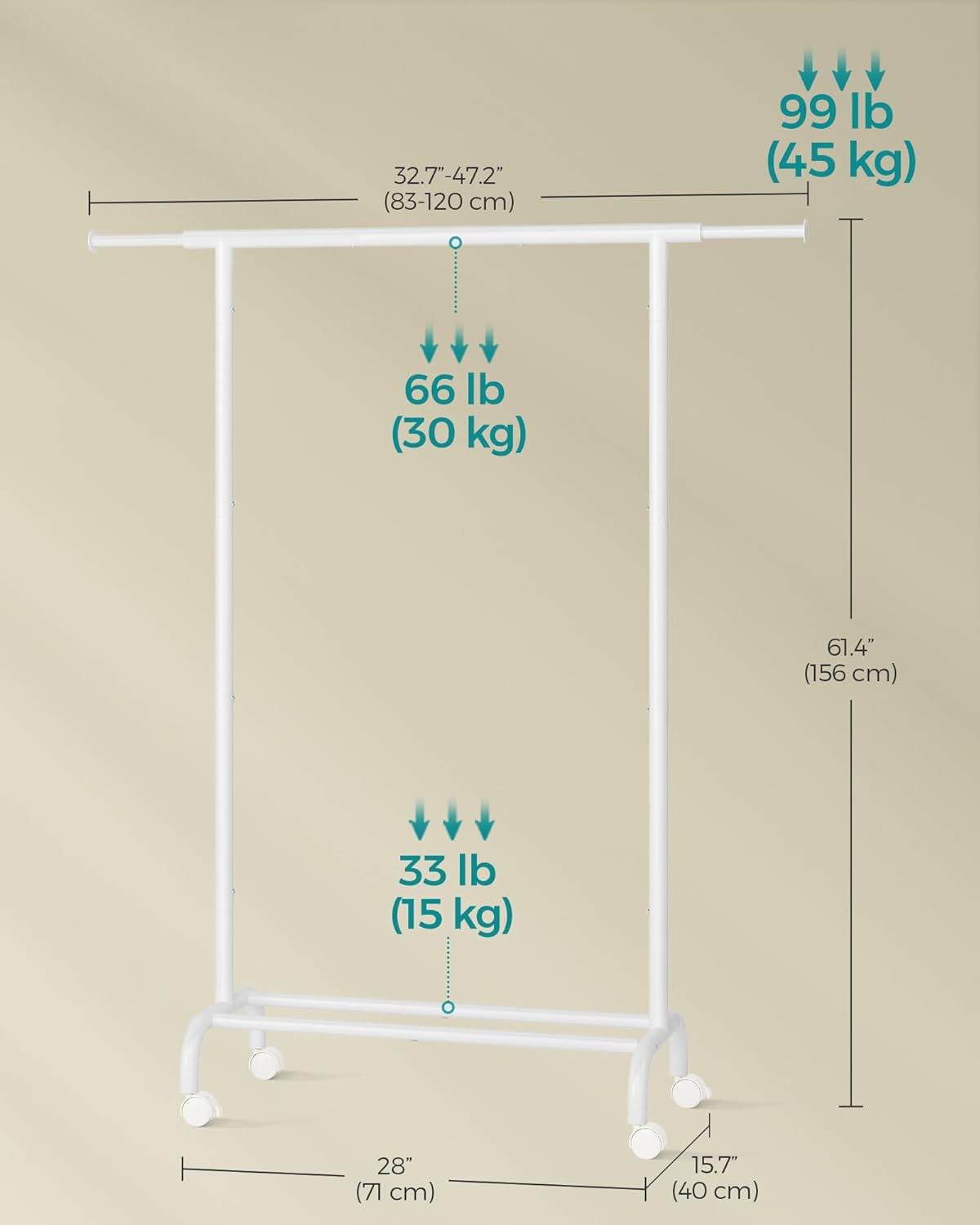 Heavy Duty Extendable Rolling Garment Rack with Wheels | Adjustable Metal Clothes Rack | Portable Clothing Organizer | Cloud White