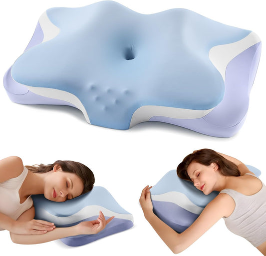 Cervical Memory Foam Pillow | Cooling Ergonomic Neck Support Pillow | Contour Orthopedic Bed Pillow with Anti-Pilling Pillowcase | Queen Size | Blue