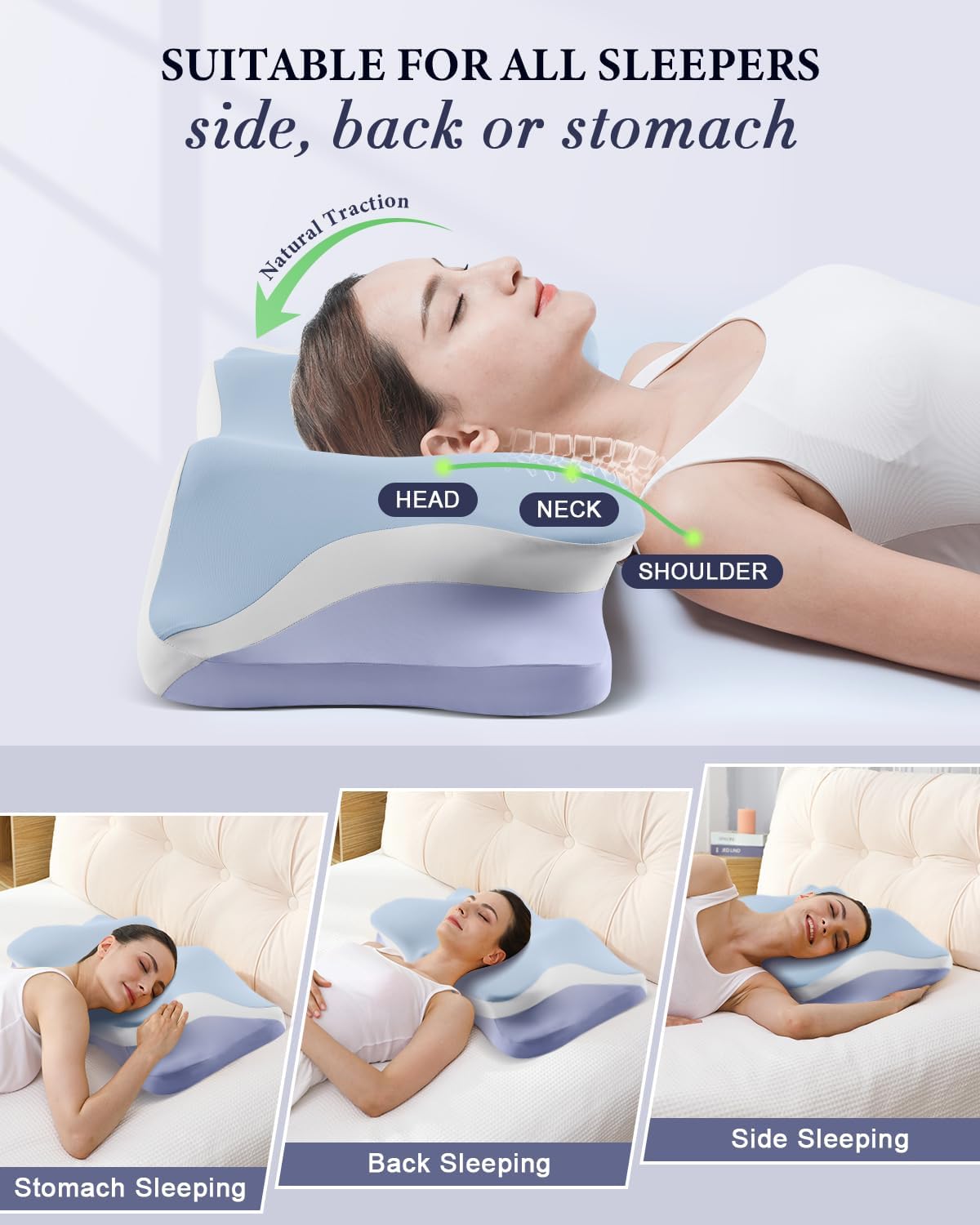 Cervical Memory Foam Pillow | Cooling Ergonomic Neck Support Pillow | Contour Orthopedic Bed Pillow with Anti-Pilling Pillowcase | Queen Size | Blue