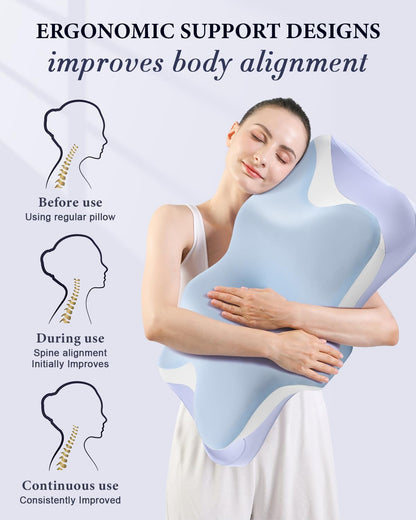 Cervical Memory Foam Pillow | Cooling Ergonomic Neck Support Pillow | Contour Orthopedic Bed Pillow with Anti-Pilling Pillowcase | Queen Size | Blue