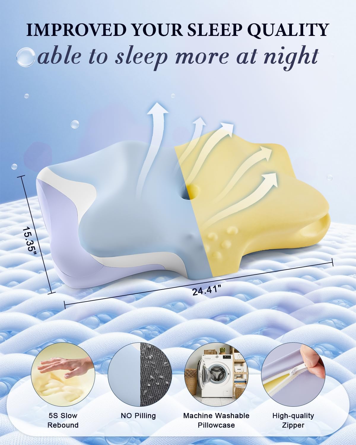 Cervical Memory Foam Pillow | Cooling Ergonomic Neck Support Pillow | Contour Orthopedic Bed Pillow with Anti-Pilling Pillowcase | Queen Size | Blue