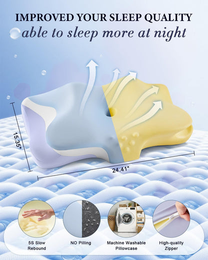 Cervical Memory Foam Pillow | Cooling Ergonomic Neck Support Pillow | Contour Orthopedic Bed Pillow with Anti-Pilling Pillowcase | Queen Size | Blue