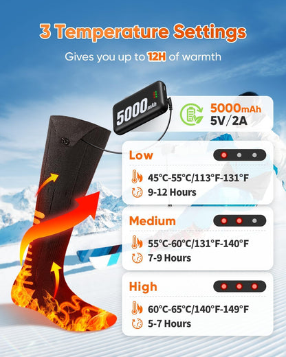 Purilite Select Electric Heated Socks | Rechargeable Thermal Heated Socks with 3-Level Temperature Control | Breathable Cotton 5000mAh Foot Warmer for Winter