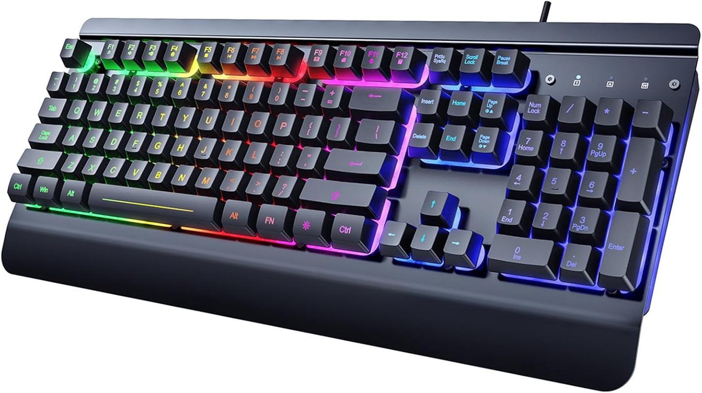Gaming Keyboard | 104-Key Rainbow LED Backlit USB Wired Keyboard | Metal Panel | Wrist Rest | Waterproof | Anti-Ghosting | Black