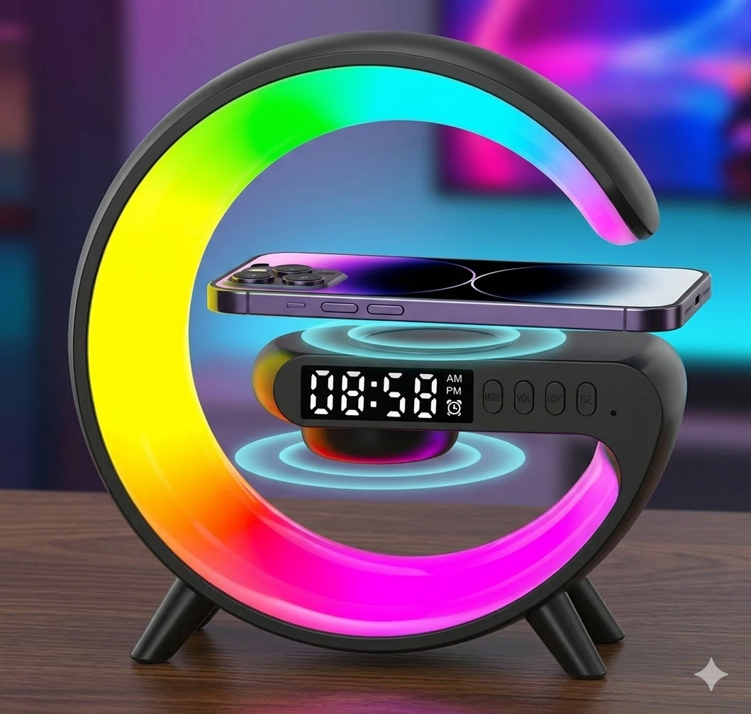 Purilite Select Multifunction Wireless Charger Stand with RGB Light, Alarm Clock and Bluetooth Speaker – 15W Fast Charging Dock Station for Smartphones - PuriLite