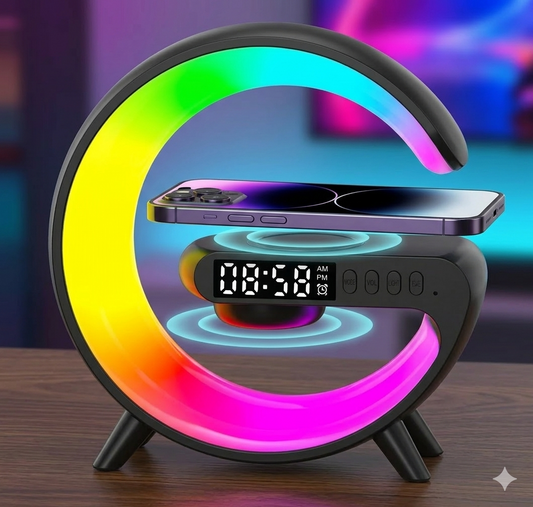 Purilite Select Multifunction Wireless Charger Stand with RGB Light, Alarm Clock and Bluetooth Speaker – 15W Fast Charging Dock Station for Smartphones - PuriLite