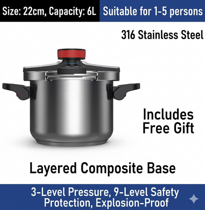 Purilite Select 6L Stainless Steel Pressure Cooker – 100kPa High Pressure Cooker, Induction & Gas Compatible Non-Stick Cooking Pot for Fast, Efficient Meal Preparation - PuriLite