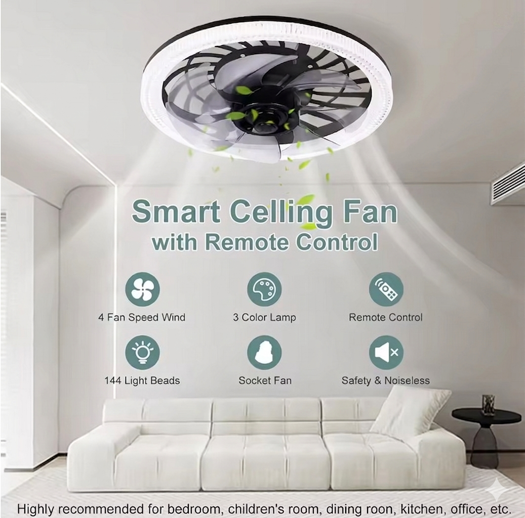 Purilite Select Modern E27 Ceiling Fan Light – Dimmable LED Fan with Remote Control, Quiet Cooling Lamp for Kitchen, Bedroom, and Living Room - PuriLite