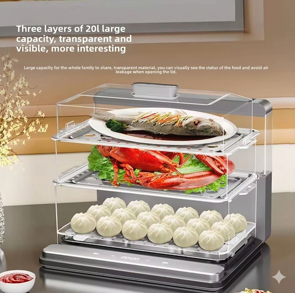 Purilite Select Foldable Electric Steam Cooking Pot Z6, Multi-Layer Food Steamer with Transparent Design, Large Capacity Household Steamer - PuriLite