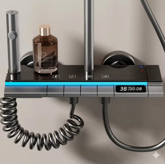 Purilite Select 4-Mode Digital Shower System with Temperature Display – Adjustable Rainfall Wall-Mounted Bathroom Shower Set with Hot and Cold Control - PuriLite
