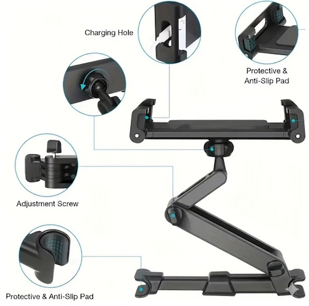 Purilite Select Universal Car Headrest Tablet Mount – 360° Adjustable Backseat Phone & Tablet Holder for Hands-Free Travel Entertainment - PuriLite