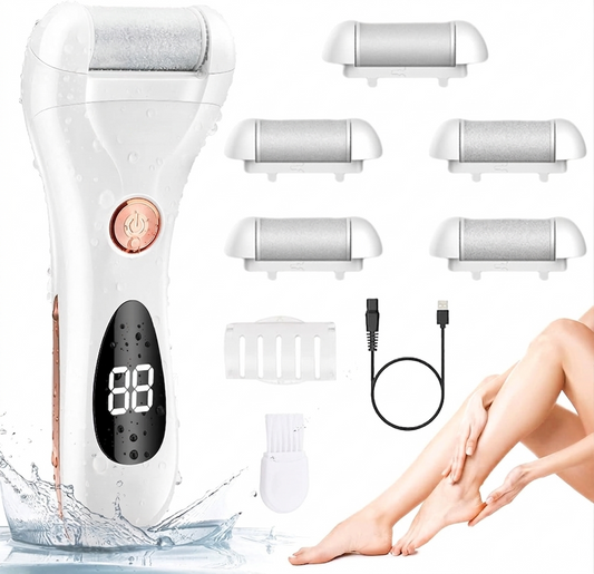 Electric Callus Remover for Feet with 5 Roller Heads, Rechargeable Waterproof Foot File Pedicure Kit for Cracked Heels and Dead Skin Removal - PuriLite