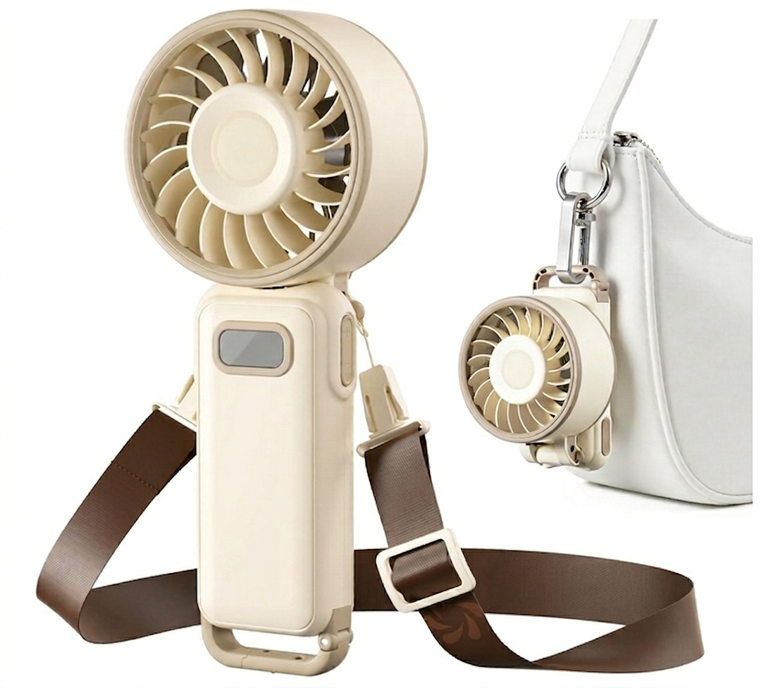 Portable Handheld Mini Fan with Turbo Airflow, USB Rechargeable, Adjustable Speed Control, Foldable Desk Fan with Long Battery Life for Travel, Office, and Bedroom (Beige) - PuriLite