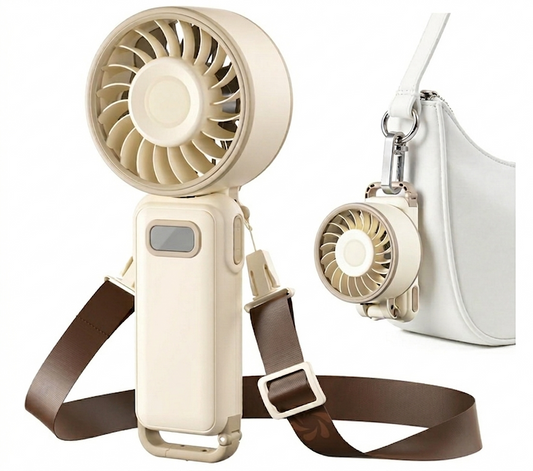 Portable Handheld Mini Fan with Turbo Airflow, USB Rechargeable, Adjustable Speed Control, Foldable Desk Fan with Long Battery Life for Travel, Office, and Bedroom (Beige) - PuriLite