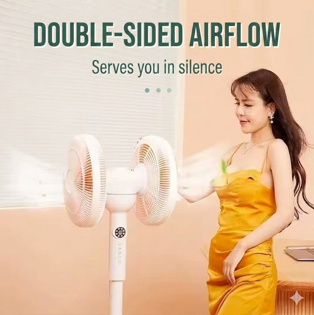 Purilite Select Double Head Floor Fan – 360° Rotating Dual Fan with Remote Control, High Power Airflow and Multi-Speed Settings - PuriLite