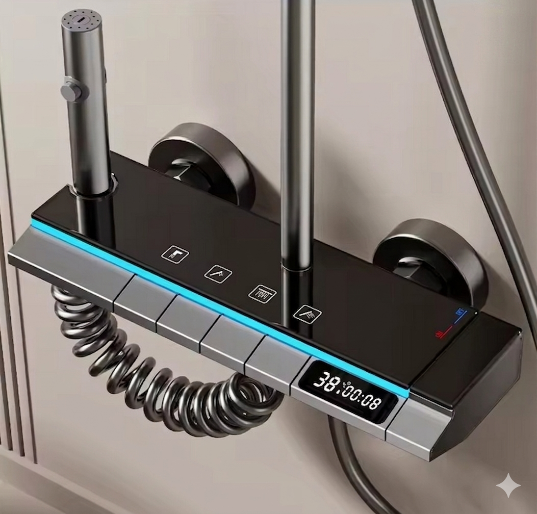 Purilite Select 4-Mode Digital Shower System with Temperature Display – Adjustable Rainfall Wall-Mounted Bathroom Shower Set with Hot and Cold Control - PuriLite