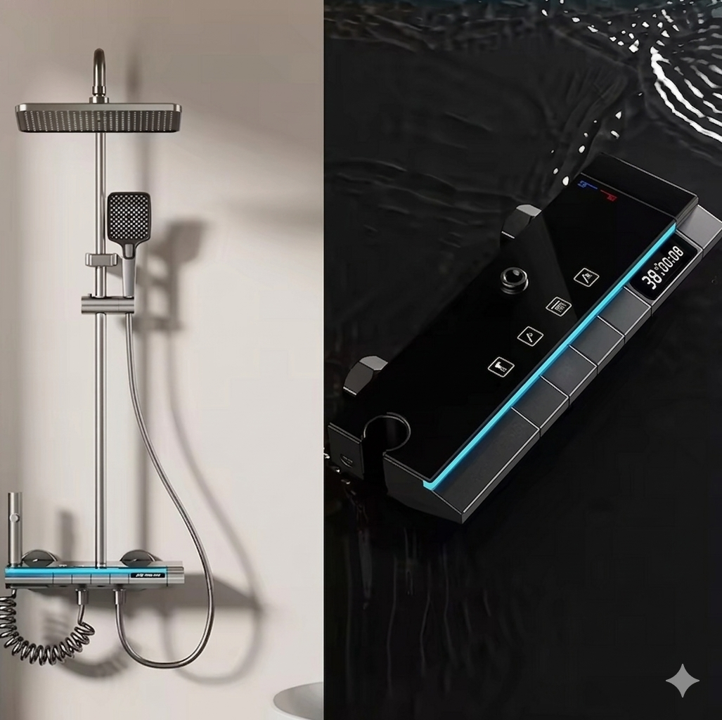 Purilite Select 4-Mode Digital Shower System with Temperature Display – Adjustable Rainfall Wall-Mounted Bathroom Shower Set with Hot and Cold Control - PuriLite
