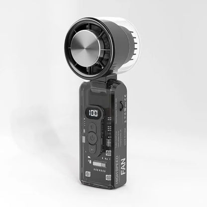 High-Speed Handheld Fan – Transparent Design, Smart Speed Control, Built-in Compressor & Multipurpose LED Torch