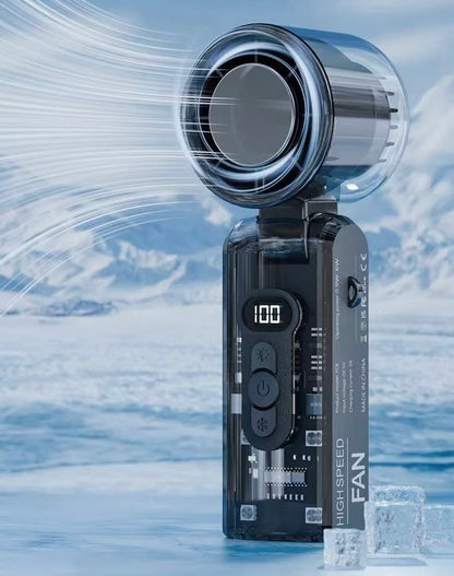 High-Speed Handheld Fan – Transparent Design, Smart Speed Control, Built-in Compressor & Multipurpose LED Torch