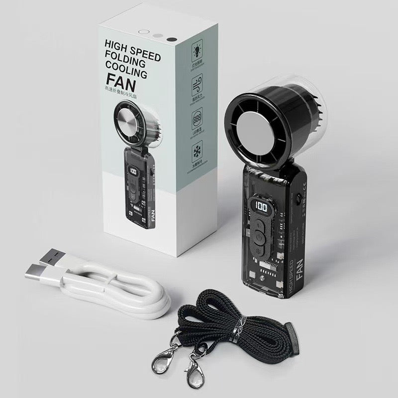 High-Speed Handheld Fan – Transparent Design, Smart Speed Control, Built-in Compressor & Multipurpose LED Torch