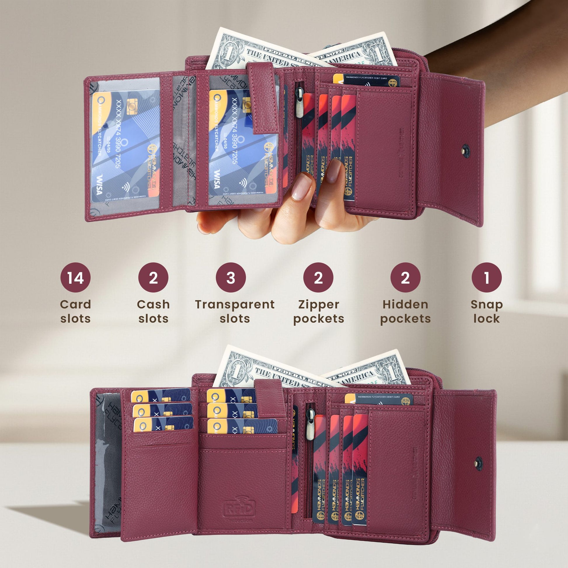 Hammonds Premium Cow Leather Women’s Wallet | Genuine Cow Leather RFID Protected Ladies Wallet | Stylish & Spacious Clutch Wallet | Secure Women’s Wallet - PuriLite