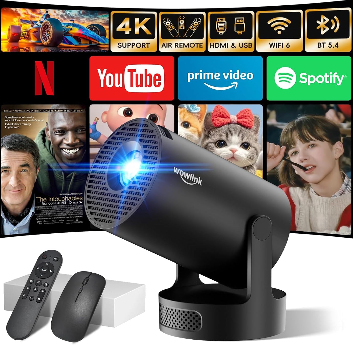[Built-in Apps & 2025 Upgraded] Mini Projector with WiFi 6 and Bluetooth 5.4 Support 4K 1080P Auto Keystone 180° Rotatable Projector Portable Compatibile with HDMI/TV Stick/Memory Stick/Laptop, Black
