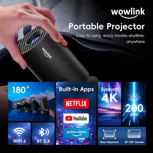 [Built-in Apps & 2025 Upgraded] Mini Projector with WiFi 6 and Bluetooth 5.4 Support 4K 1080P Auto Keystone 180° Rotatable Projector Portable Compatibile with HDMI/TV Stick/Memory Stick/Laptop, Black - PuriLite