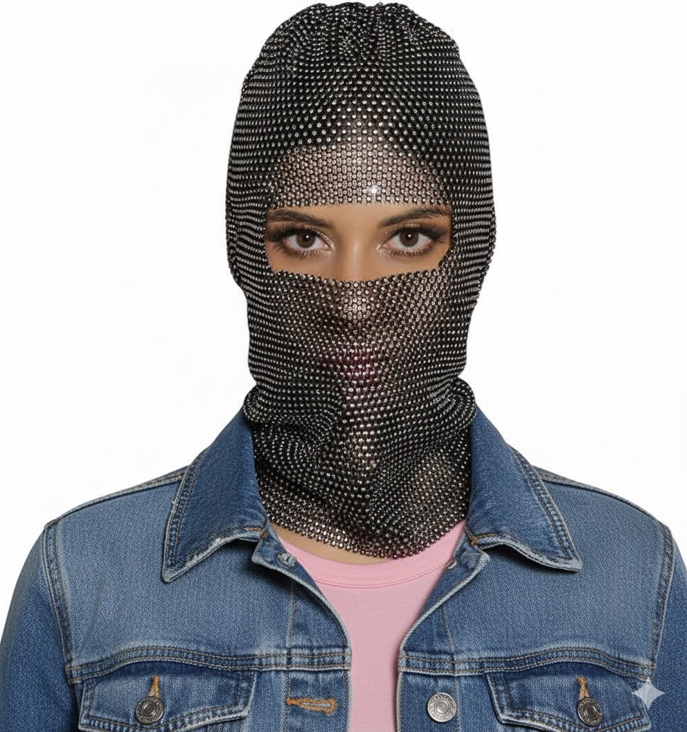 PartyArt - Full coverage mask with rhinestones and custom hood for women, 280 black, Único, 280 Black, One size