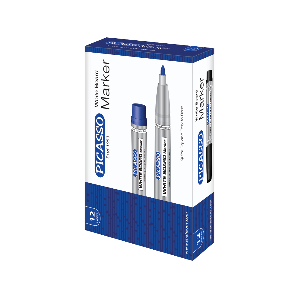 Picasso High Quality White Board Marker 12 Pcs in Cardboard Box - Available in 4 Ink Colours Blue, Black Red and Green - PuriLite