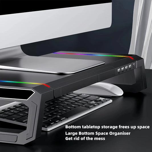 🔌 Purilite Select™ RGB Monitor Stand Riser with 4 USB Ports & Storage Drawer