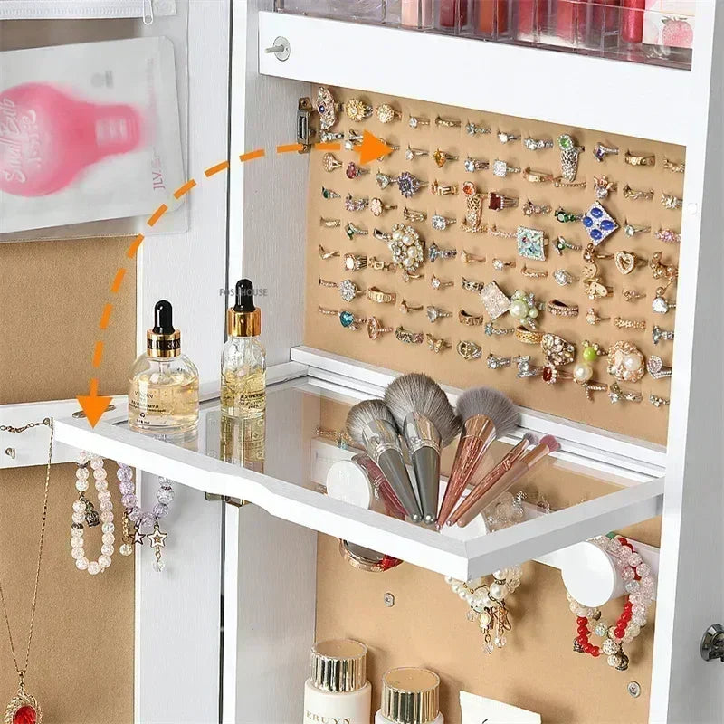 Bedroom Jewelry Cabinet With Mirror Fitting Room Dressing Mirrors 360° Rotating Floor Makeup Mirror Cabinet Full-length Mirror j - PuriLite
