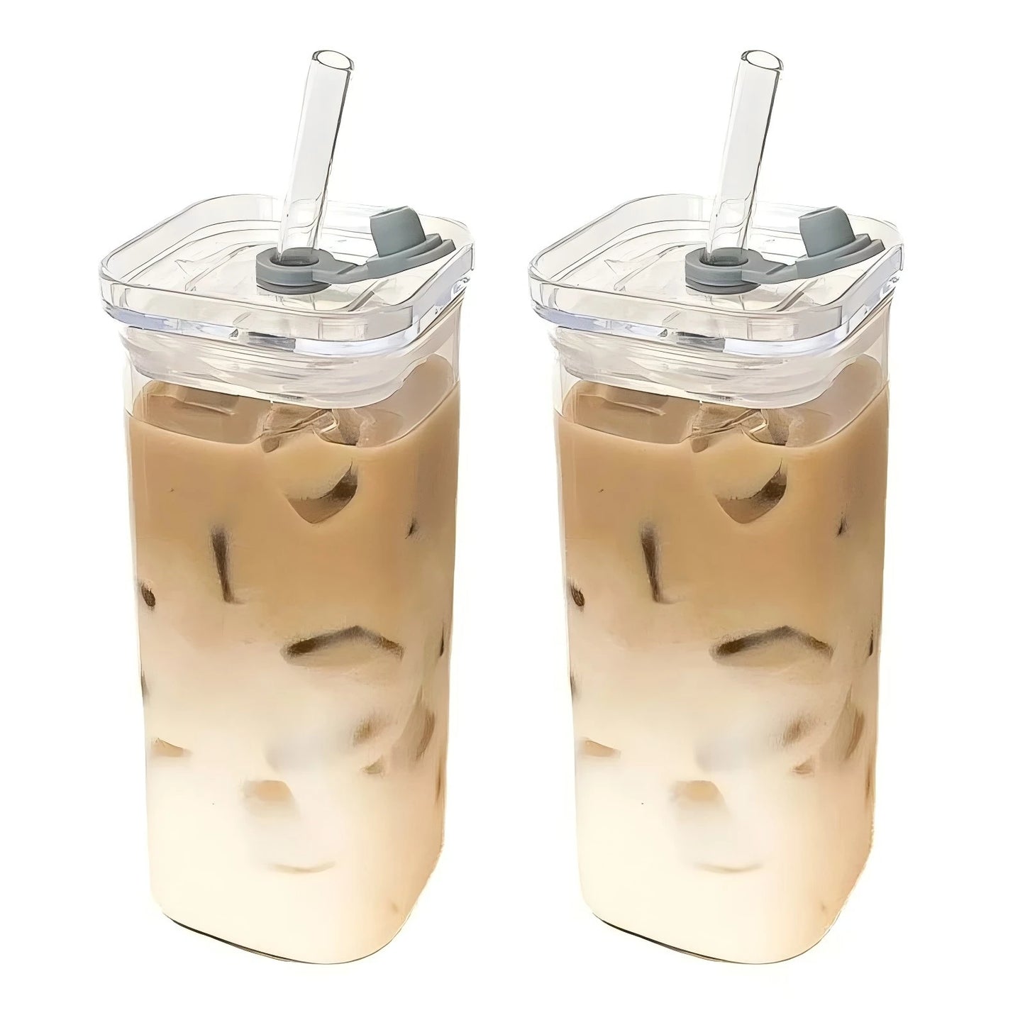 Purilite Select – Square Heat-Resistant Glass Coffee Cup with Lid &amp; Straw