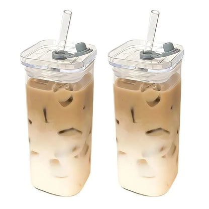 Purilite Select – Square Heat-Resistant Glass Coffee Cup with Lid &amp; Straw