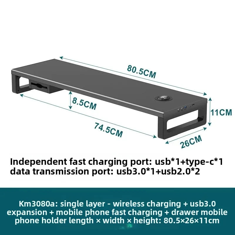 🖥️ Purilite Select™ Metal Monitor Riser with Dual-Layer Drawer & Wireless Charging