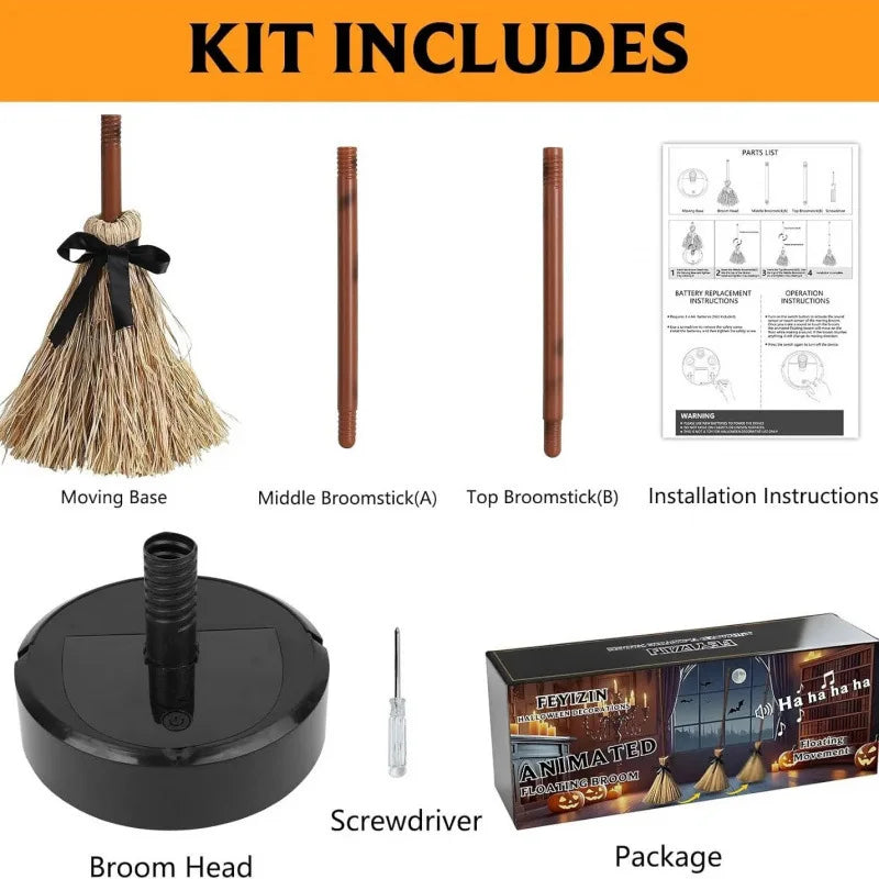 Purilite Select Halloween Floating Witch's Broom | Movable Haunted Dancing Broom Decoration with Ghost Sounds for Indoor Halloween Party Home Decor