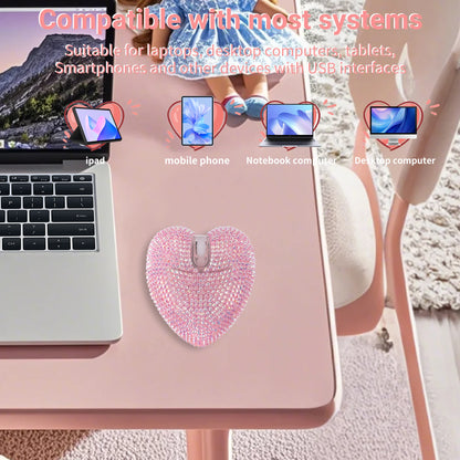Purilite Select | Wireless Pink Dual-Mode Diamond Heart Mouse | Type-C Rechargeable Bluetooth Optical Ergonomic Mouse | Cute Mini Heart-Shaped Laptop Mouse for Girls