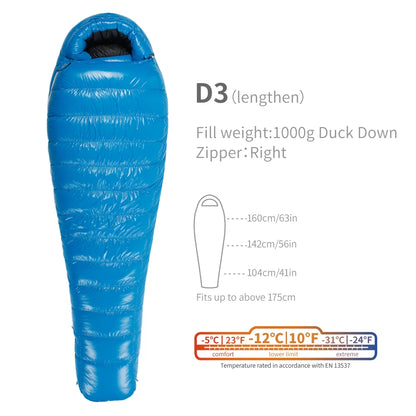 Purilite Select Lightweight Duck Down Sleeping Bag | Cold Weather Backpacking & Camping Mummy Sleeping Bag