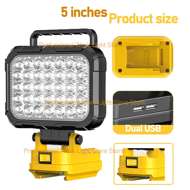 Cordless LED Work Light for DeWalt 20V Battery, 60W 6000LM Jobsite Flood Lights, Portable Outdoor Flashlight Dual USB Charging