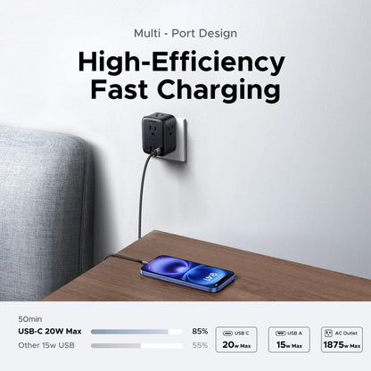 UGREEN Outlet Extender Power Strip – 20W USB-C Fast Charger – 4 AC Outlets, 3 USB-A + 1 USB-C – 1875W Wall Charger for Home, Office & Travel - PuriLite