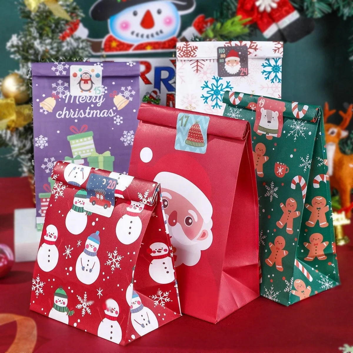 Purilite Select Kraft Paper Christmas Gift Bags – 8pcs/12pcs Santa Claus & Snowman Design | Eco-Friendly Holiday Candy & Cookie Bags