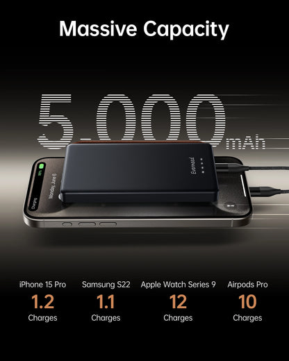 Purilite Select 5000mAh Wallet Power Bank – PD 20W Slim Portable Charger with Built-in USB-C &amp; Lightning Cables