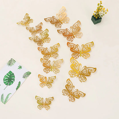 Purilite Select 12-Piece Gold Hollow Butterfly Wall Sticker Set – 3D Decorative Butterflies for Home, Wedding, and Garden Décor