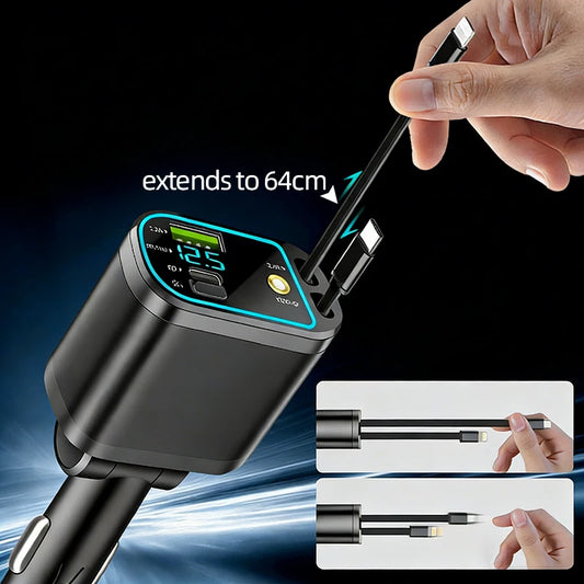 Purilite Select 66W Fast Charging Car Charger USB Type-C PD Multiport Retractable Cable with LED Voltage Display, Universal 12V/24V Cigarette Lighter Adapter for Cars, SUVs, and Trucks