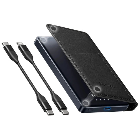 Purilite Select 5000mAh Wallet Power Bank – PD 20W Slim Portable Charger with Built-in USB-C &amp; Lightning Cables