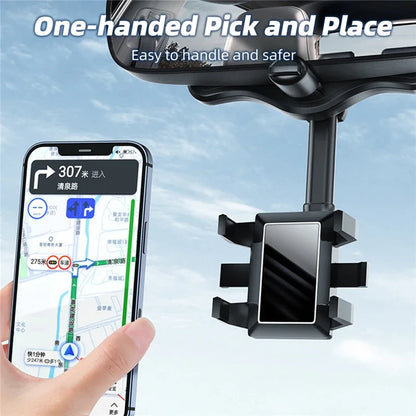 Purilite Select 360° Car Rearview Mirror Phone Holder – Adjustable Telescopic Vehicle Mount for Navigation, Hands-Free Viewing and GPS Support