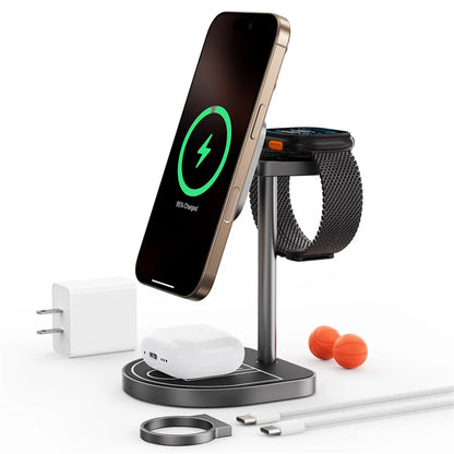 Purilite Select 3-in-1 Magnetic Wireless Charging Stand 15W Fast Charging Station for Phone, Smart Watch & Earbuds, Basketball Style Desktop Charging Holder with Adjustable Angle & LED Indicator