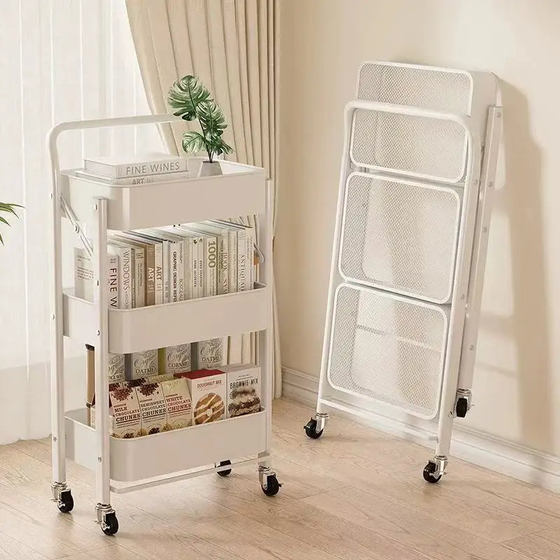 Purilite Select Foldable 3-Tier Storage Cart Carbon Steel Rolling Organizer Rack with Wheels for Kitchen Bedroom and Home - PuriLite
