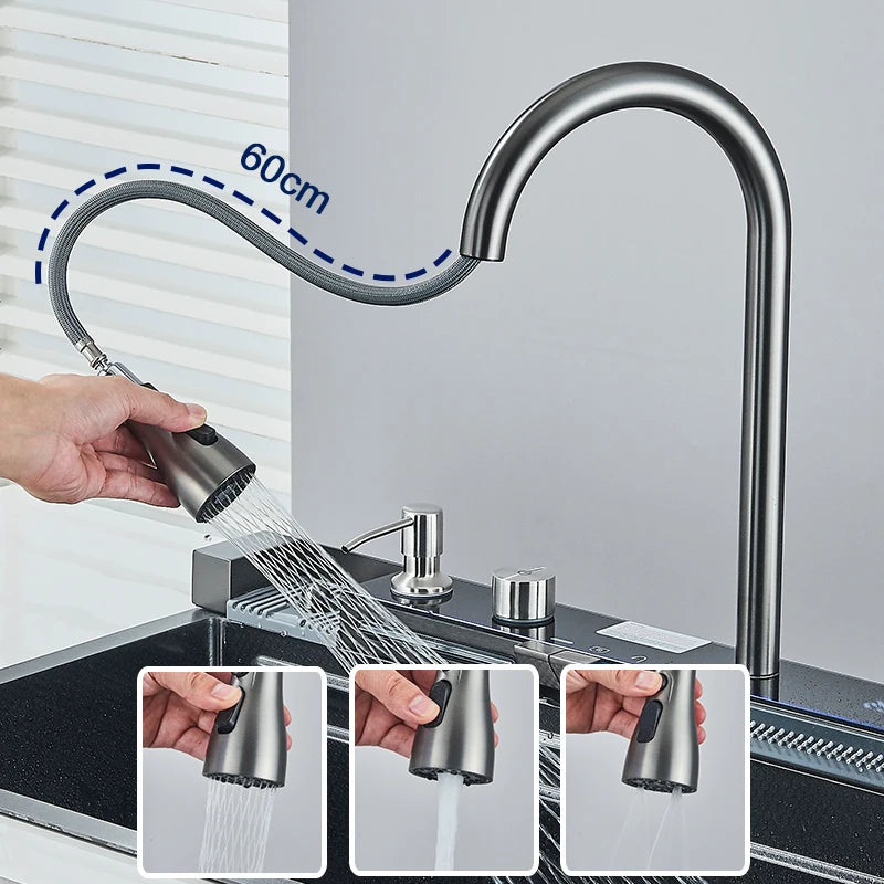 Purilite Select Multifunction Stainless Steel Kitchen Sink | Large Single Bowl Waterfall Sink with Pull-Out Faucet, Digital Display & 5-Function Water System